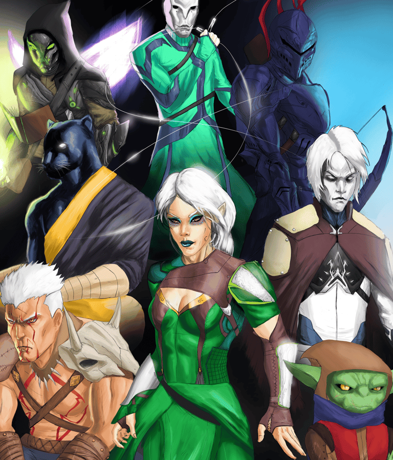 a digital drawing of a group of animation type characters in costumes