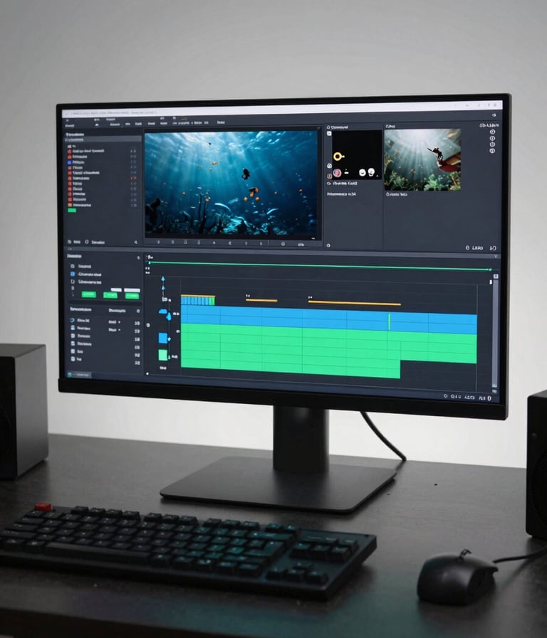 A professional video editing suite in a dark room. A high-end monitor displays a complex video timeline with deep ocean slate and seafoam green color bars. The workspace is sleek and professional with soft mist white ambient lighting.