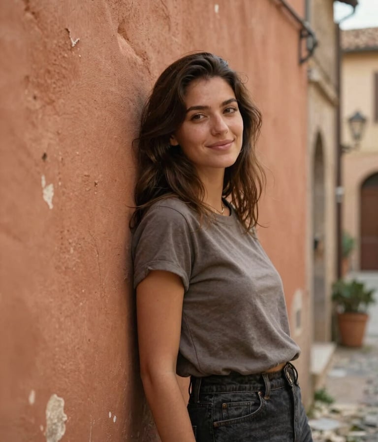 A lifestyle portrait of a young woman leaning against an old terracotta wall in a Southern European / Italian village. She is looking away, smiling naturally. The lighting is soft and warm, highlighting the authentic texture of the surroundings.