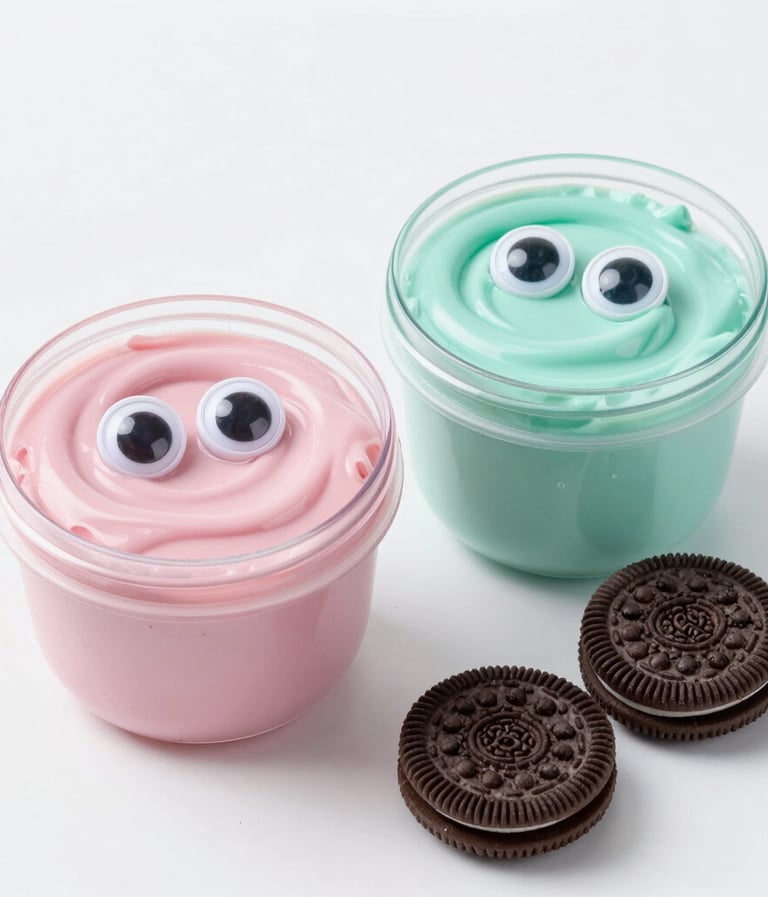 Close-up of slime with shiny sequins and tiny fruit-shaped charms mixed in.