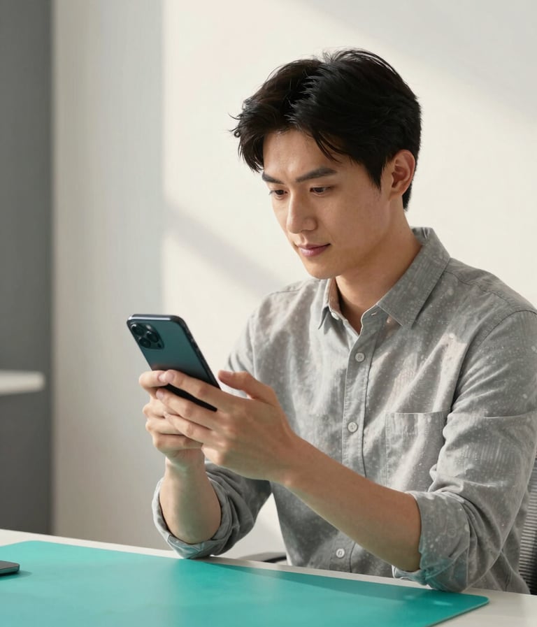 A global digital professional sits in a bright, modern studio, interacting with a smartphone. The background is a clean, pale off-white space with subtle dark slate gray accents and bright teal details on the desk. High-quality photography, soft morning light.