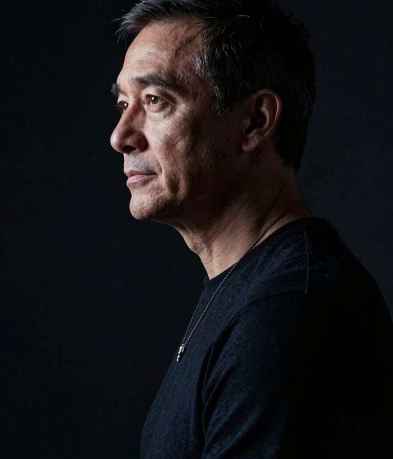 A cinematic portrait of a director in a dark studio setting. The lighting is low-key with off-white highlights on the profile, surrounded by deep black shadows. Professional and focused mood.