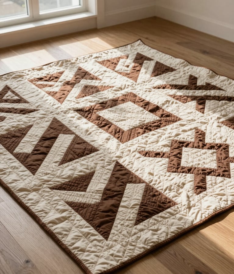 A high-angle, full-view photograph of a large quilt spread across a minimalist wooden floor. The quilt features a complex pattern of delicate cream and deep espresso geometric shapes. Soft, natural morning light streams from a side window, highlighting the rich texture of the hand-quilted linen.
