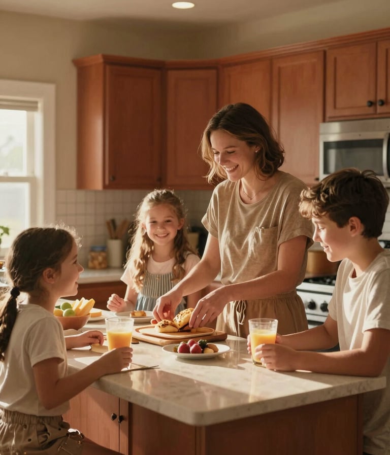A cinematic, sun-kissed shot of a young family in a North American / US suburban kitchen. Warm terracotta and soft sand tones dominate the scene. The lighting is natural, highlighting honest laughter and authentic interaction as they prepare breakfast.