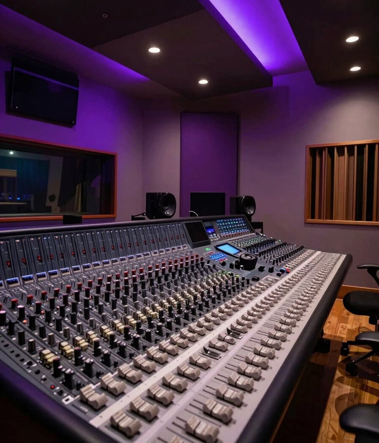 A wide shot of a dimly lit, high-end North American recording studio with deep purple neon accents and a massive professional mixing console in the foreground.