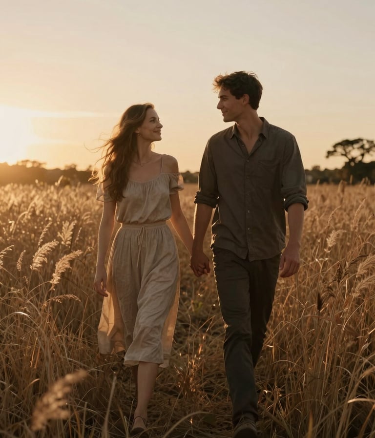 Sarah and Tom walking hand-in-hand through a field of tall, dry grass at sunset. The atmosphere is warm and cinematic, featuring sun-drenched lighting and a soft brown and sand palette.