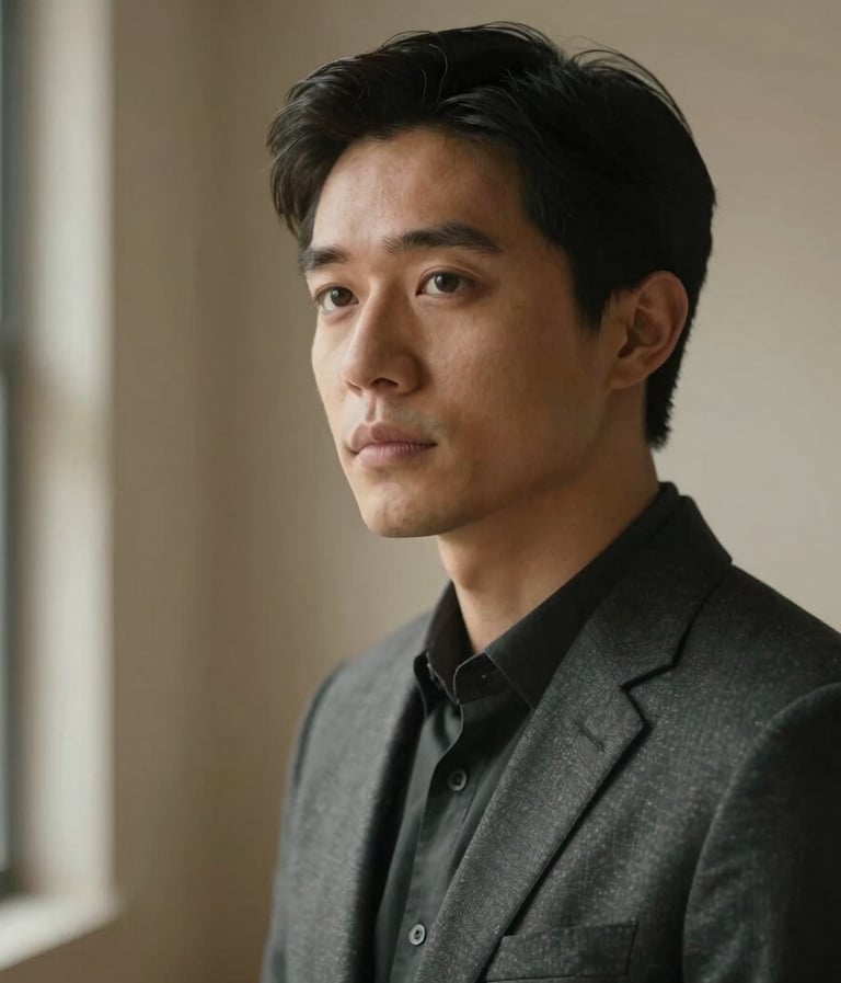 A soft-focus, intimate portrait of a person looking thoughtfully past the camera, minimalist beige backdrop, warm natural lighting from a side window, charcoal accents, North American / Canadian professional attire.