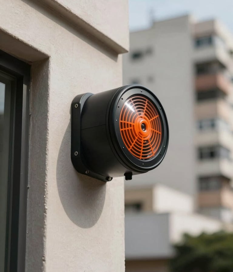 An external alarm siren with a deep black casing and vibrant orange logo, installed on a modern architectural wall of a house in a South American / Brazilian city, bright daylight, cinematic style.