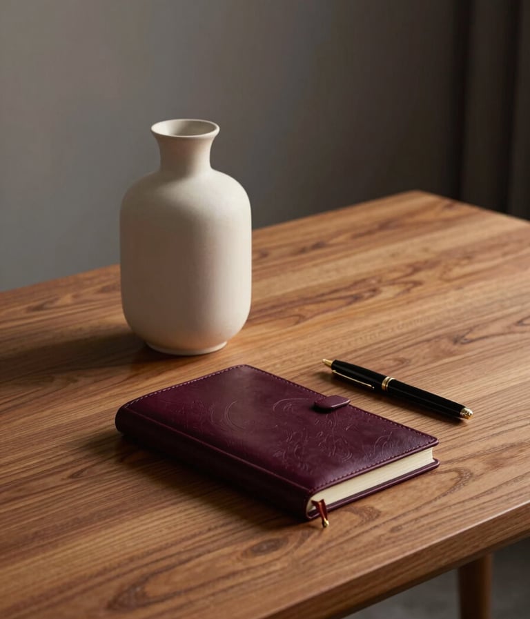 An elegant, high-resolution photograph of a minimal wooden desk in a modern International / Western study at dusk. A Soft Alabaster White ceramic vase and a Deep Plum Twilight leather journal sit next to a pen. The lighting is soft and warm, reminiscent of a sunset.