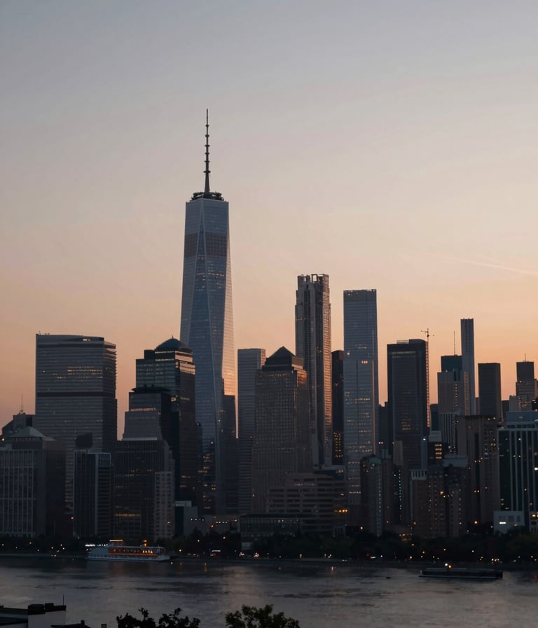 Cinematic wide shot of a modern city skyline at dusk, with soft gradients of #3A3F3B and a hint of #F8F6F2 light. Spontaneous and evocative, reflecting the project's urban theme.