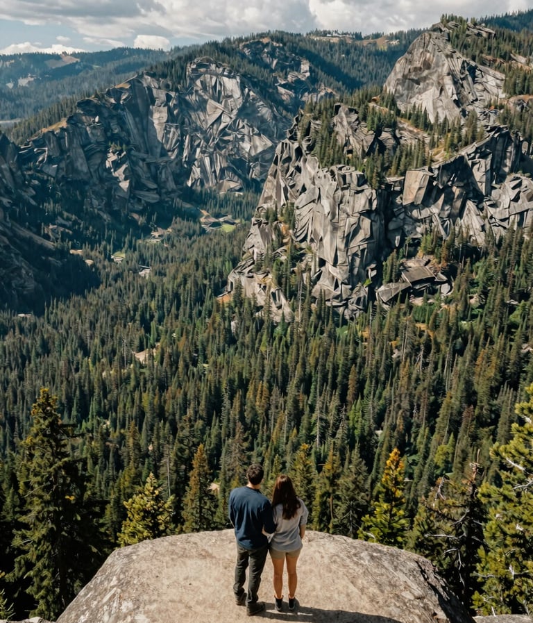 A stunning landscape photograph of a couple standing on a mountain overlook in a North American / US national park. The perspective is wide, showcasing the natural world. The style is artistic and professional, featuring deep Sage Green forests and Stone cliffs.