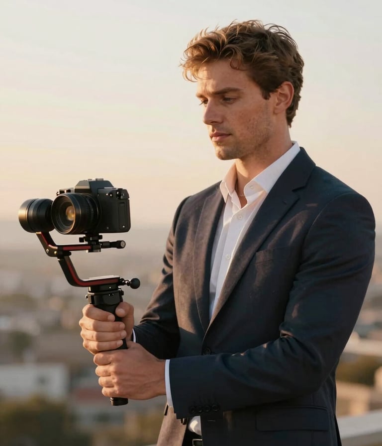Théo Wacyk on location, professional and sophisticated attire, holding a high-end gimbal, soft golden hour lighting, cinematic background blur.