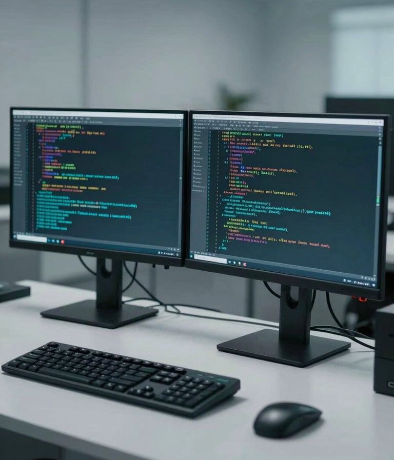 A high-tech digital forensic workstation in a professional office. The desk features two high-resolution monitors displaying complex lines of code and file directory structures. The lighting is a mix of mist gray and steel teal, creating a clean, secure environment.