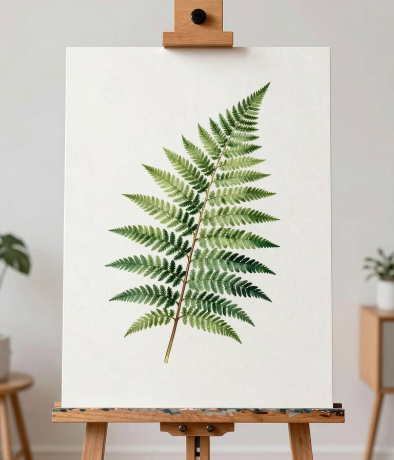 A vertical shot of a large watercolor illustration featuring a delicate fern in dark forest green, mounted on a minimalist easel in a bright, airy studio.