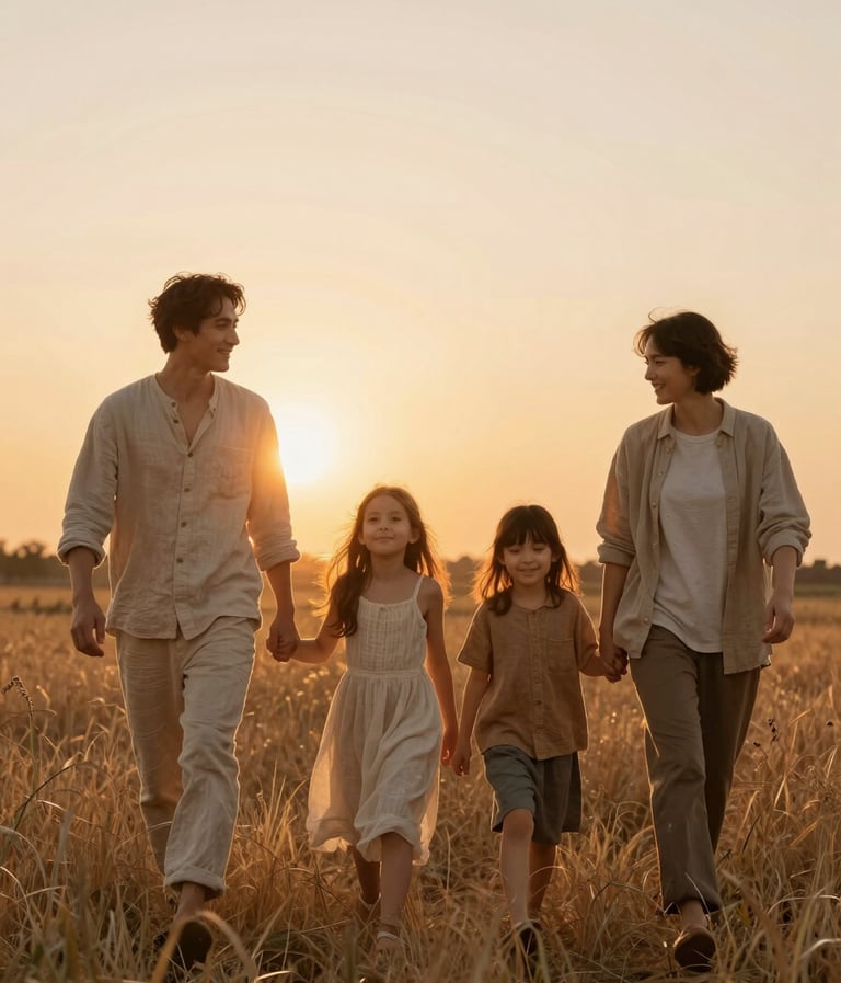 A cinematic wide shot of a family of four walking through a field of tall, dry grass during the golden hour. The sun is low, creating a warm orange glow and soft lens flares. They are dressed in neutral, textured fabrics like linen and wool in shades of soft sand and warm almond. The mood is authentic and joyful.