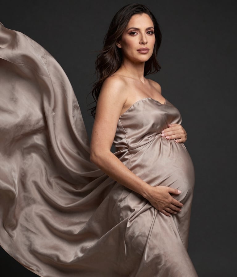 An elegant maternity portrait of a woman in a flowing silk fabric of muted taupe color, creating dynamic movement in a South American / Brazilian studio. The background is a solid dark charcoal, making her stand out with a professional and artistic feel.