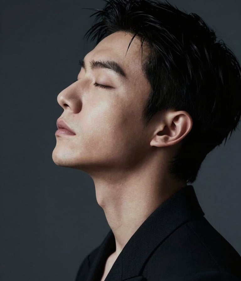 A sophisticated side profile photograph of a musician with eyes closed in reflection. The lighting is a soft off-white glow against a deep dark charcoal background, creating an elegant and understated atmosphere.