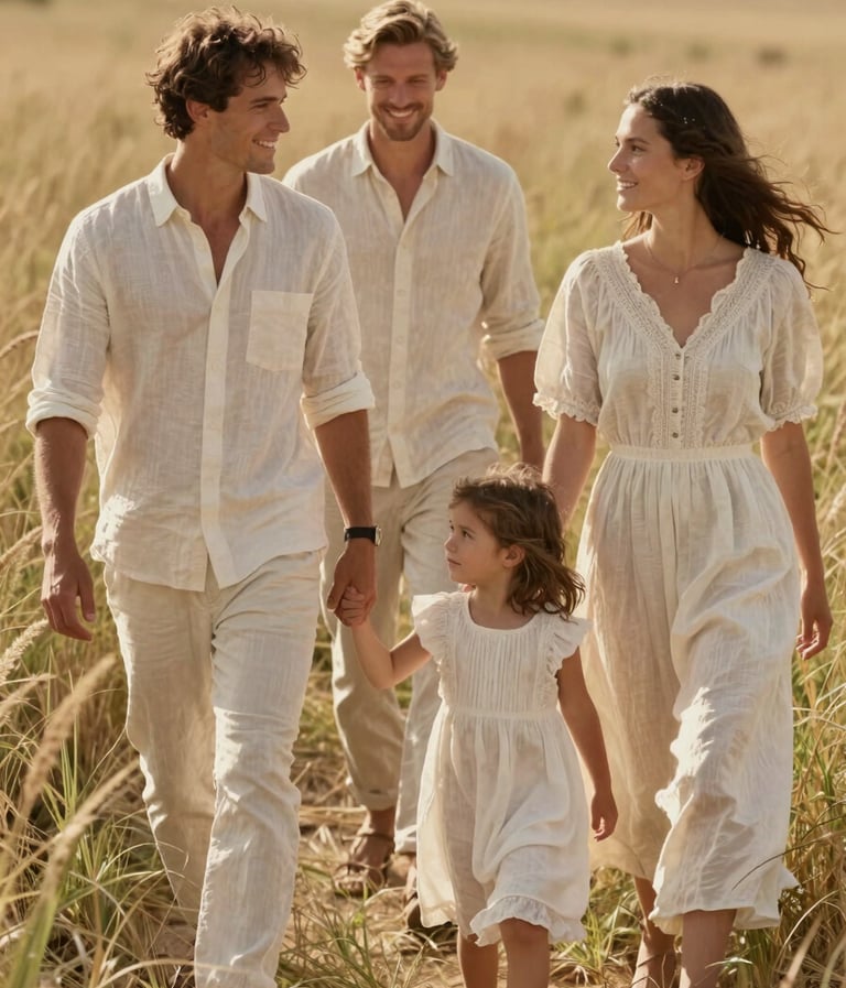 A cinematic shot of a young family walking through a field of tall grass. The scene is sun-drenched with a warm sand color palette. They wear soft off-white linen. High-end lifestyle photography.