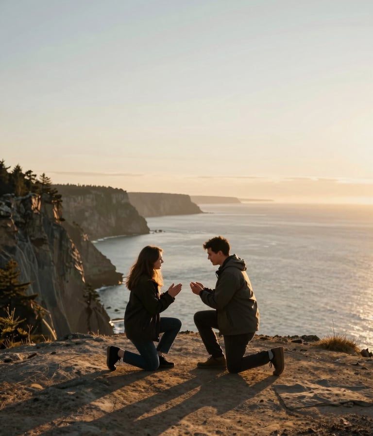 An emotional proposal moment on a cliff overlooking a North American coastal landscape at golden hour, minimalist composition with warm sunlight and soft charcoal shadows.