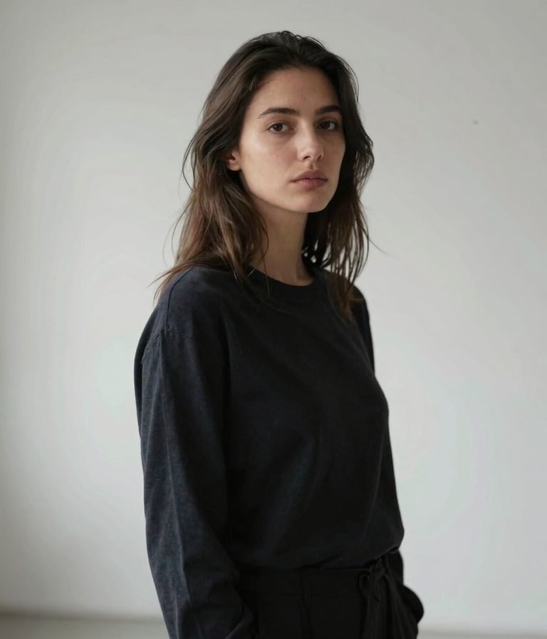 A sophisticated artistic portrait of a woman in a minimalist French studio. She wears simple, dark attire and looks thoughtfully past the camera. The background is a clean white smoke wall with soft, natural lighting creating a serene mood.