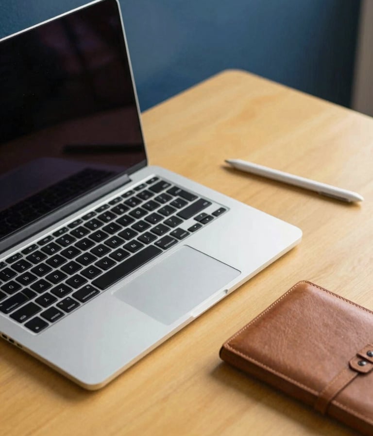 A top-down workspace view featuring a sleek metallic laptop, a designer's stylus, and a leather notebook. The composition is clean and modern, with professional lighting. The room's palette incorporates navy blue walls and warm yellow desk accents.