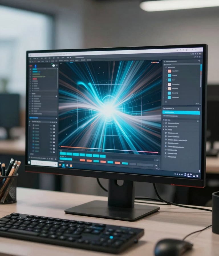 A dynamic shot of a motion graphics workspace with a high-resolution monitor displaying a vibrant, glowing abstract animation in #8FE3F5 and #d4d4d4.