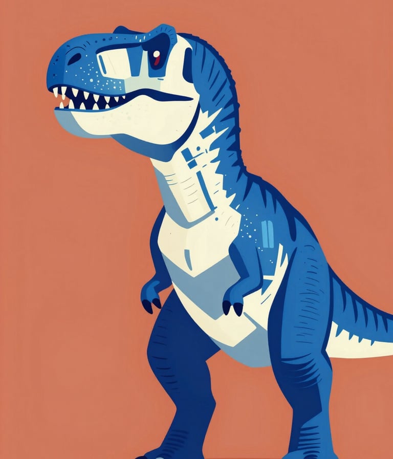 A vibrant pop-art painting of a Tyrannosaurus Rex. The composition is centered with a bold profile view of the dinosaur. The color palette features a background of #D87D51 terracotta with the dinosaur rendered in #1F3A4B dark blue and #F9F5EF off-white highlights. Graphic, clean lines and a modern, dynamic feel.