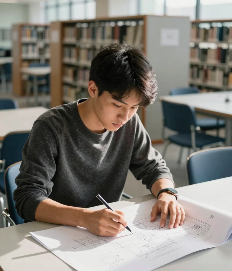 A focused student working in a modern North American / US university library. The student is drafting blueprints on a large white paper. The environment is bright and clean, with steel blue chairs and silver grey shelving in the background. Soft afternoon sunlight filters through large windows.