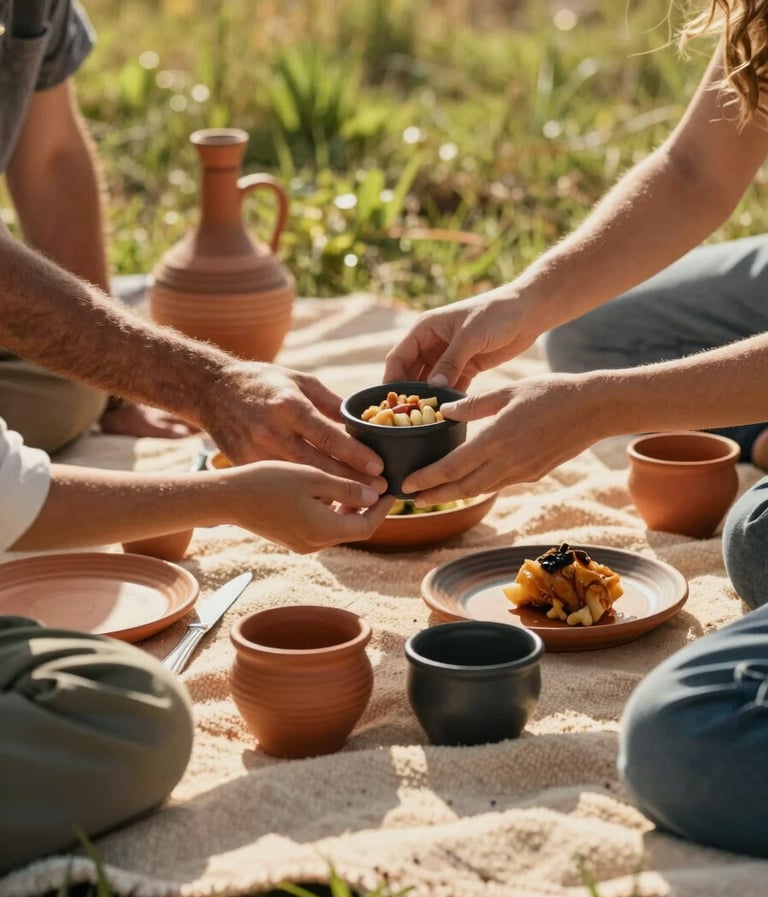 A cinematic, warm-toned photograph of a Western / Global family picnic spread. A Soft Sand colored blanket is laid on green grass, with Terracotta ceramics and Charcoal-colored accents. The lighting is golden and sun-drenched, focusing on the authentic interaction of hands sharing food.
