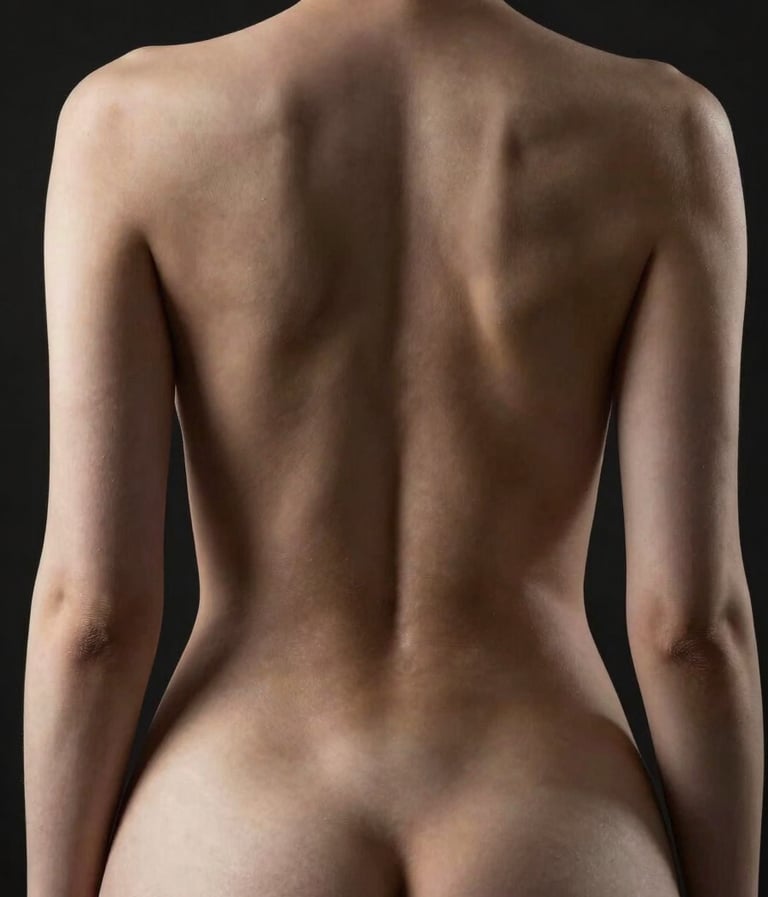 A professional art nude photograph of a subject's back, using chiaroscuro lighting to highlight the spine and muscles. The background is a solid dark black, with the subject rendered in tones of off-white and charcoal. North American / US.