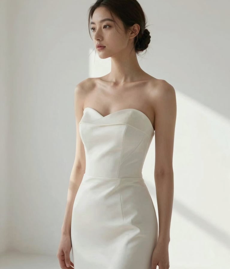 A sophisticated bridal portrait in a minimalist white studio, soft natural light creating gentle shadows, elegant dress with subtle textures in #E0DCD9, emotional but serene expression, high-end photography style.
