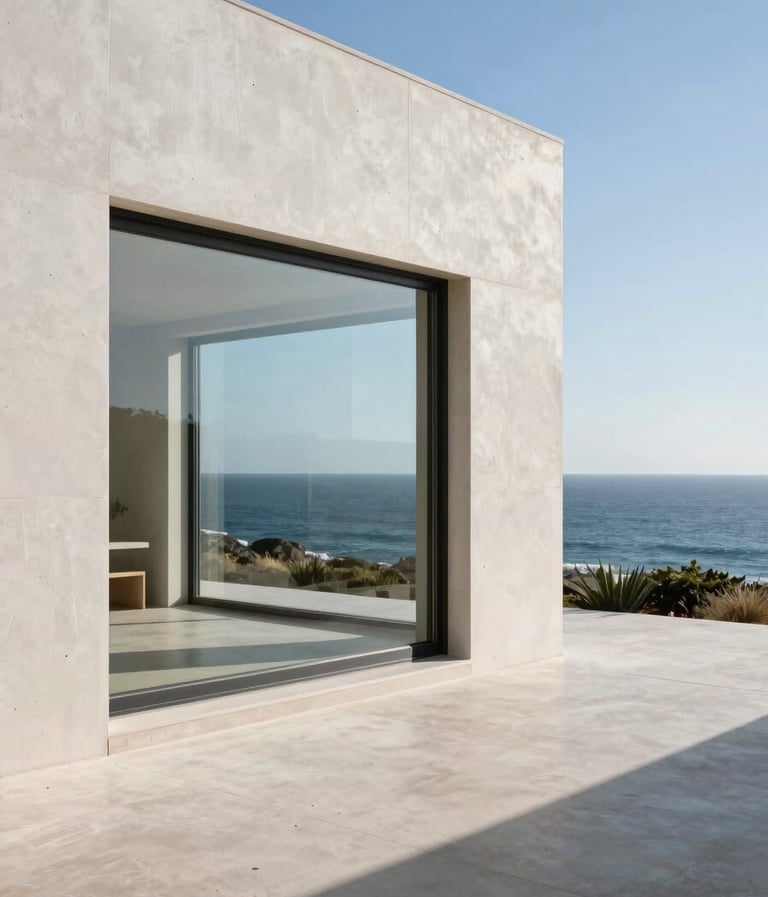 Wide shot of a minimalist villa on the Portuguese coast. Off-white concrete walls, large charcoal window frames, overlooking a slate blue ocean under bright sun.