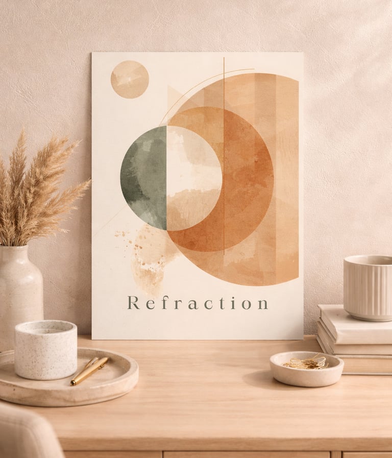 Modern abstract geometric eye print titled Refraction on a desk with pampas grass and office decor.