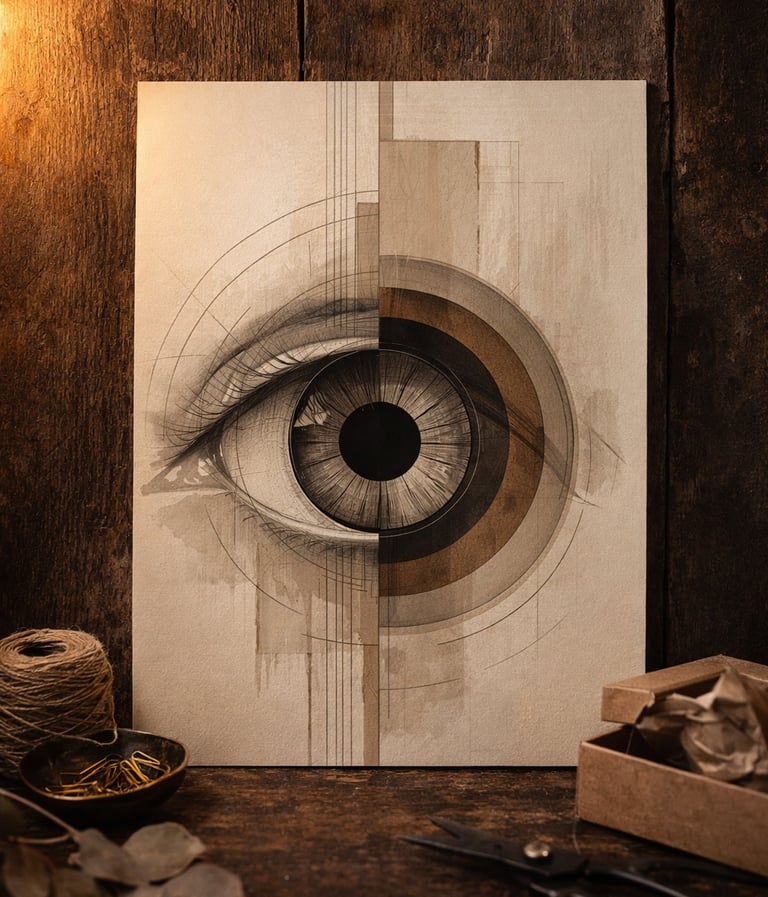 Abstract eye sketch with geometric circles on canvas, surrounded by vintage art supplies on a wooden desk.