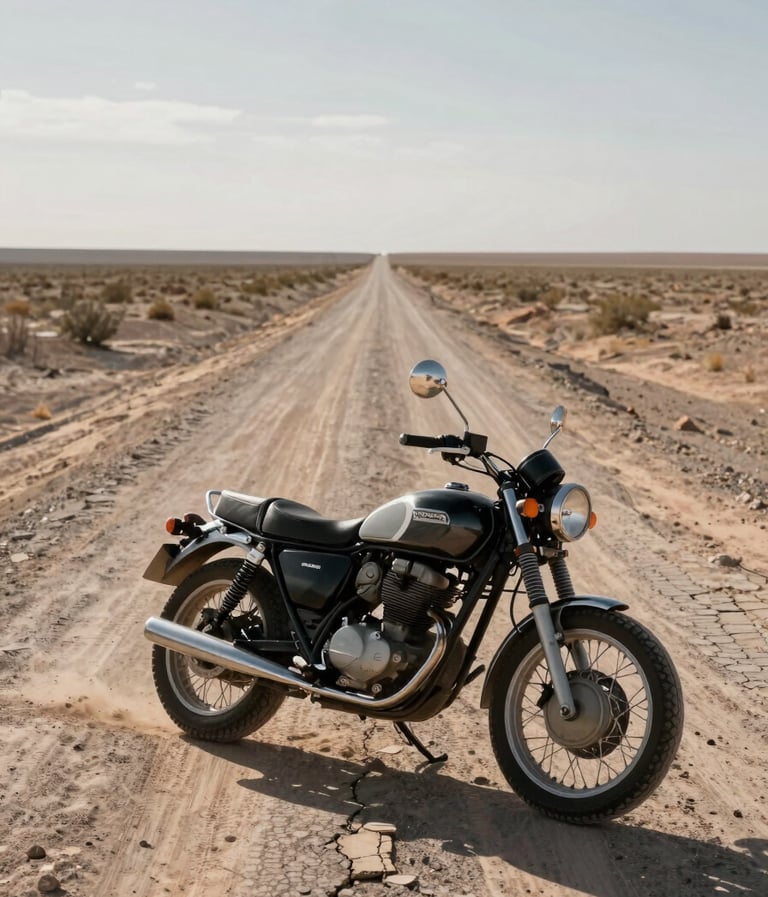 A wide-angle landscape shot of a vintage motorcycle parked on a cracked, dusty road in the middle of a vast Global / Western desert. The bike is dark charcoal with cool grey chrome accents. The lighting is low-angle, casting long shadows. The overall mood is quiet and expansive.