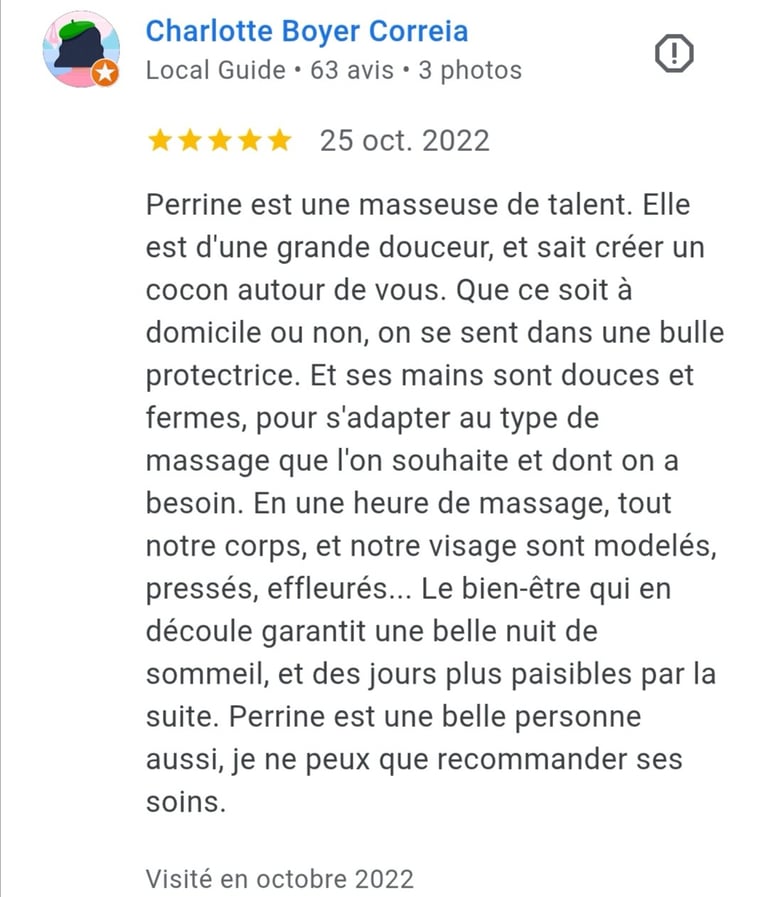 avis d'une personne partagé sur GMB 5 étoiles