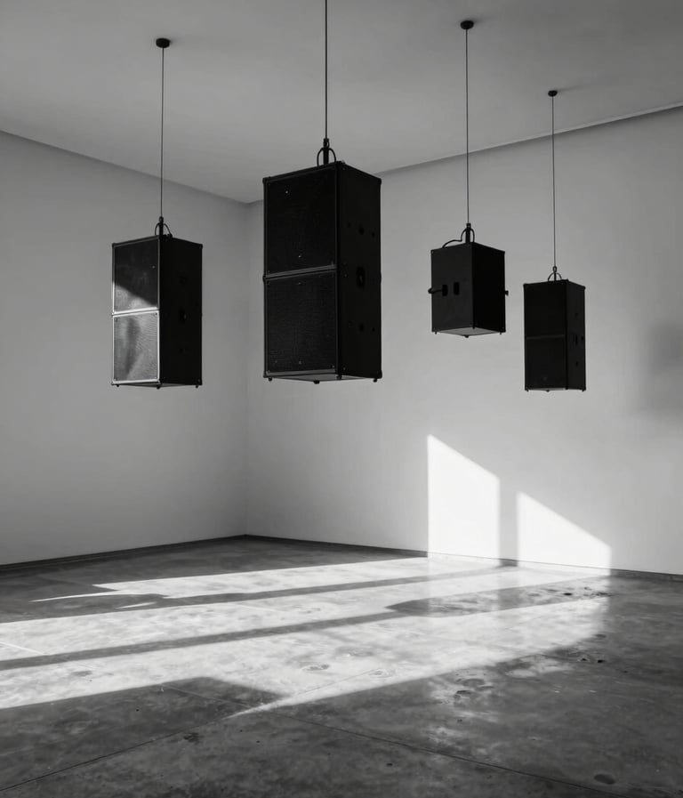 Cinematic black and white photography of a minimalist art gallery in Mexico. High-end sound transducers hang from a tall ceiling. Dramatic lighting creating long shadows on polished concrete floors. Minimalist and refined atmosphere.