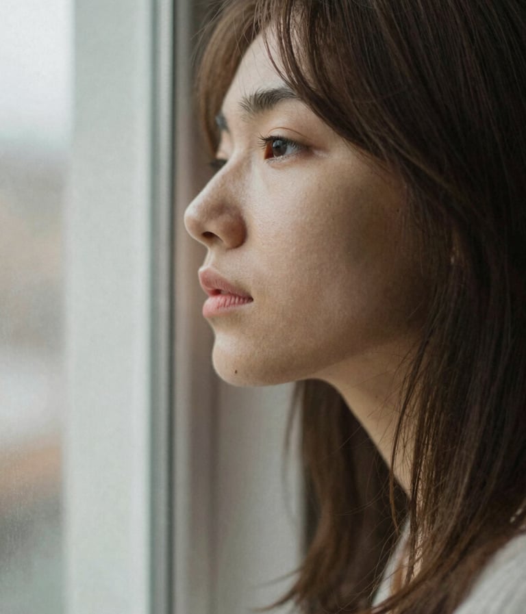 A portrait of a person looking thoughtfully out a window, bathed in soft morning light. The composition is intimate and storytelling-focused. The aesthetic is film-like with a touch of grain, using colors #FDF8F0 and #AD7B5B.