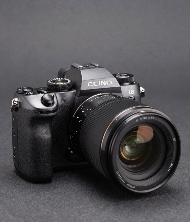 A sleek professional mirrorless camera with a large lens, positioned on a minimalist charcoal gray background, sophisticated studio lighting creating soft highlights on the metallic body, professional product photography, North American / US style.