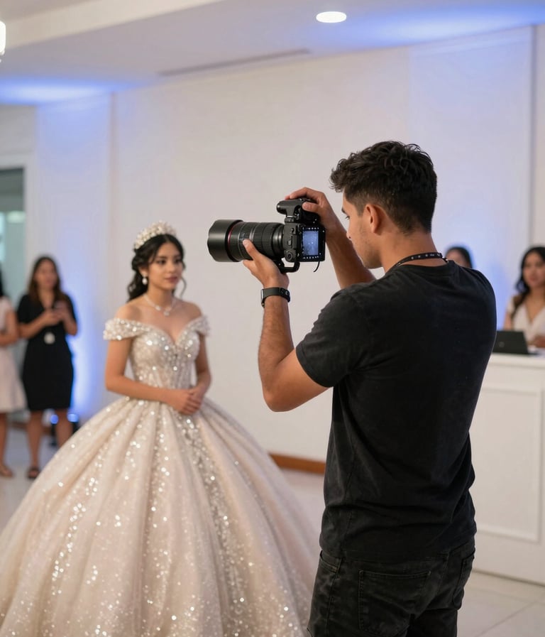 A professional photographer at work in a South American / Colombian social event, focusing on a quinceañera. The background is a clean, modern off-white space with elegant slate blue lighting details.