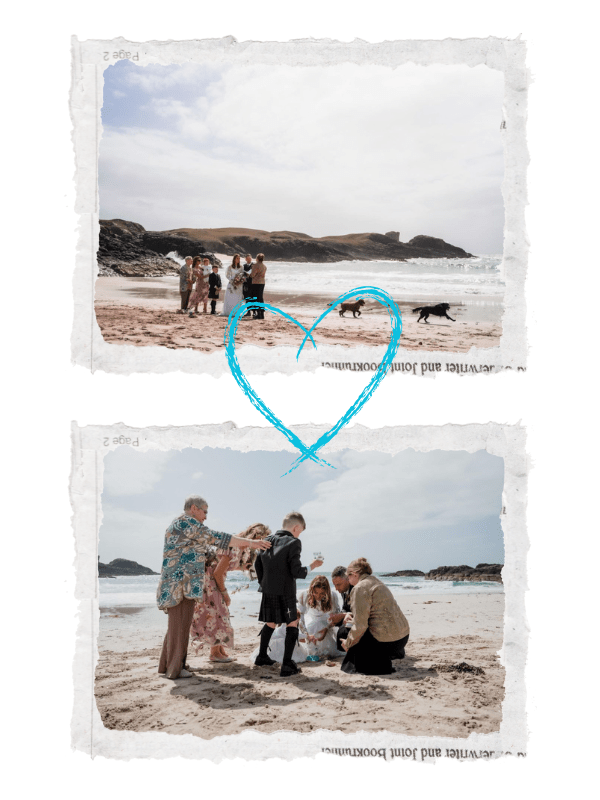 a weddig party standing on a beach