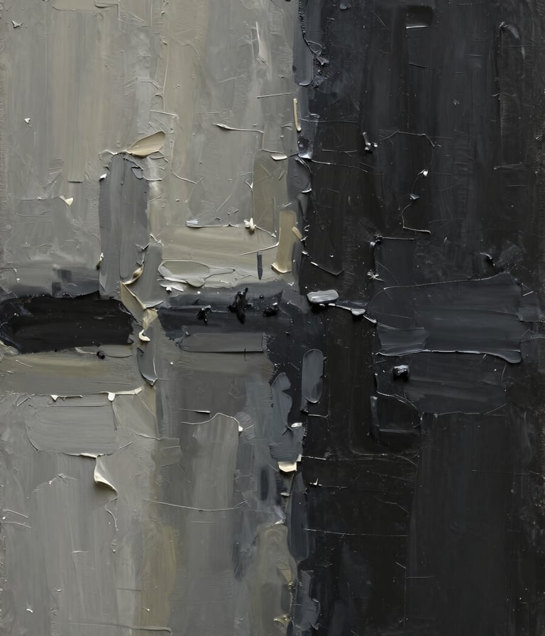 A detail of an abstract impasto painting showcasing thick, textured layers of #CFC8B7 and charcoal black #1A1A1A, highlighting the material quality and craftsmanship of the artwork.