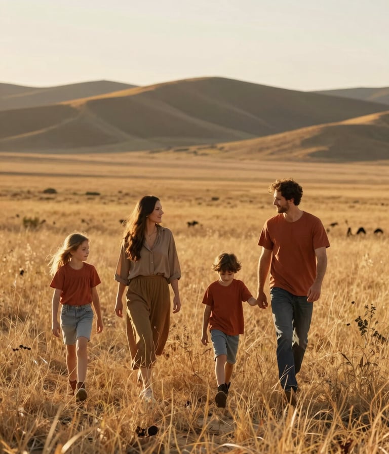 A wide cinematic shot of a family of four walking through a sun-drenched meadow in a North American / General Western landscape. Soft sand colors in the dry grass and warm terracotta tones in their casual outfits. Beautiful golden hour lighting filters through the scene.