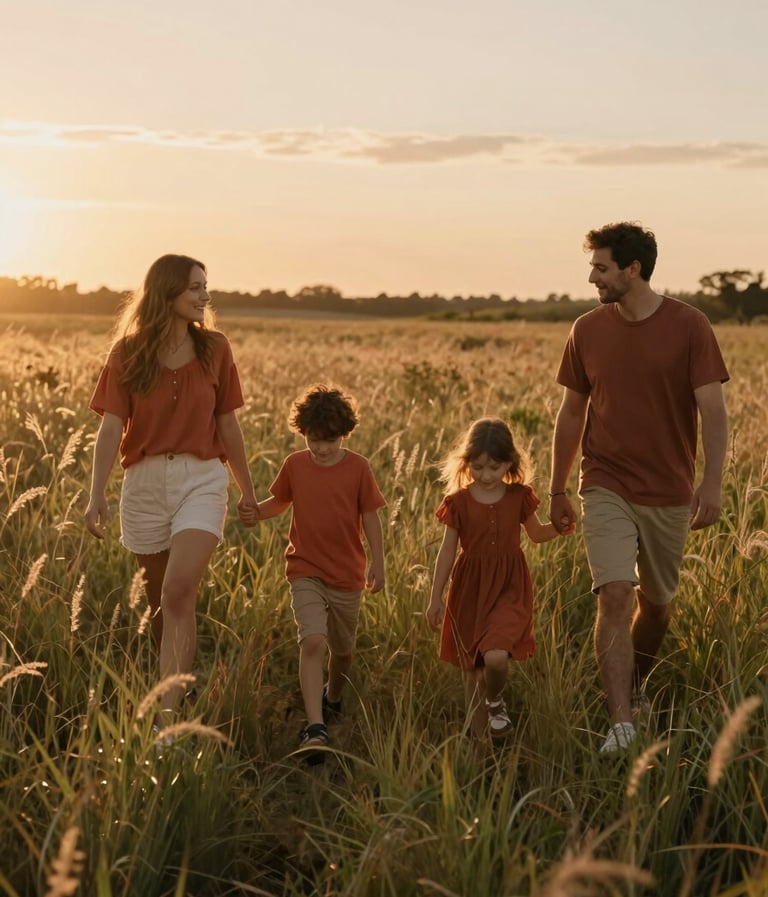 A family of four walking through a tall grass meadow at sunset, warm soft sand sunlight filtering through the frame, cinematic wide shot with terracotta accents.