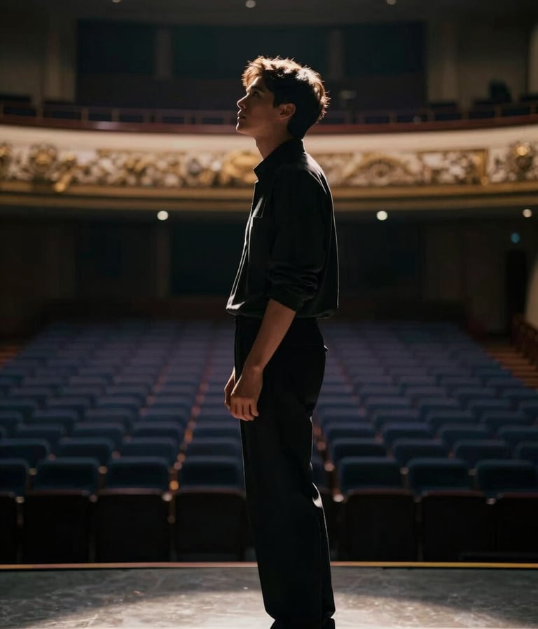 A cinematic portrait of Lyan Galindo standing on a stage during soundcheck. He is silhouetted by warm #E6EBE0 backlighting, with cool #1A2D3A tones in the shadows of the empty theater. The mood is one of sophisticated resilience and focus.