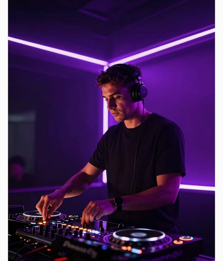 A professional DJ performing in a high-end Spanish / Latin American club. Low-angle shot, electric violet and soft platinum neon lighting cutting through obsidian shadows. High-energy atmosphere, minimalist composition.