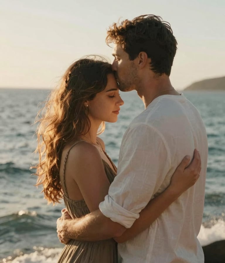 Cinematic portrait of a couple embracing by the ocean, warm sun-drenched environment, authentic emotional connection, natural lighting, premium and approachable style.