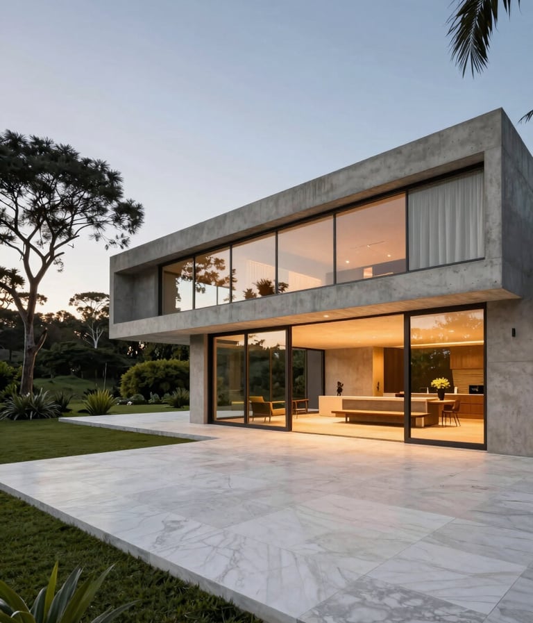 A low-angle, wide-shot photograph of a minimalist concrete villa at dusk in a lush South American / Brazilian landscape. The lighting is cinematic, with warm light spilling from large floor-to-ceiling windows onto a pure white marble patio. The style is high-end architectural photography, very clean and sharp.