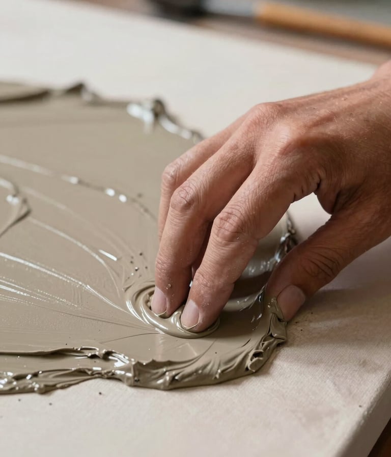 A macro photograph of an artist's gesture, showing a hand interacting with thick, earthy taupe pigment on a canvas. The image is captured in a South American / Argentine studio, emphasizing the physical process and the moment where control cedes to the material's own decision.