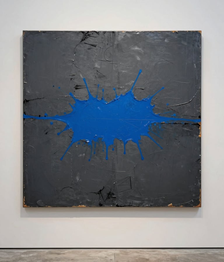 A large-scale contemporary mixed-media painting featuring heavy textures of deep slate grey acrylic, charcoal marks, and a single, bold splash of vibrant blue across the center. The canvas is hung on a clean, industrial soft off-white wall in a high-end International / Urban Art Scene gallery with concrete floors.